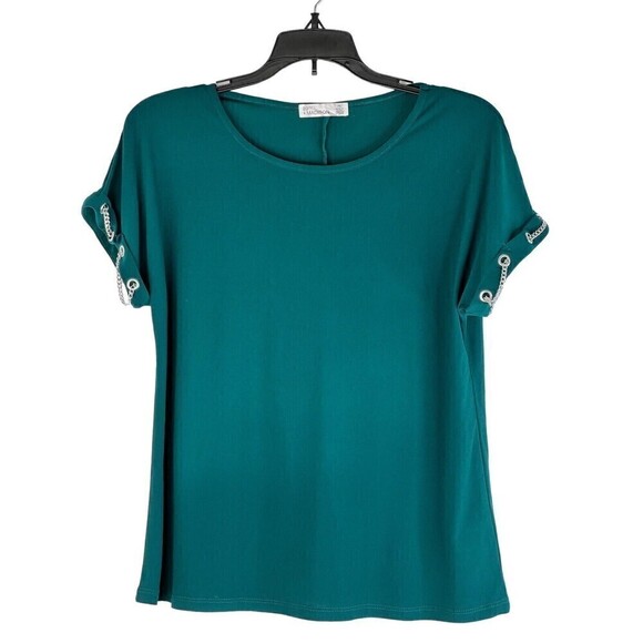 NWOT 89th & Madison Green Round Neck Silver Chain Sleeve S/S Top Petite S - Picture 1 of 6
